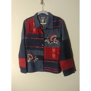 Indigo Moon Denim Button Front Jacket Embroidered Sequins Red Ruffles Beaded MED